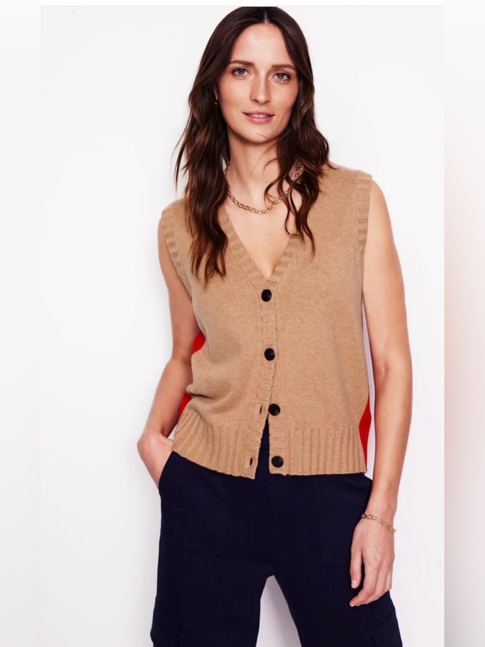 Boden Camel Button-Front Knit Vest Red Side Panels Wool Cashmere Cotton blend